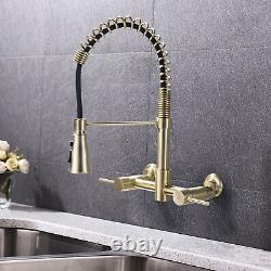 Brushed Gold Kitchen Sink Faucet Double Handles Wall Mounted Mixer Tap SUS304