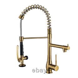 Brushed Gold Spring Kitchen Sink Mixer Taps Swivel Pull Out Spray Brass Faucet