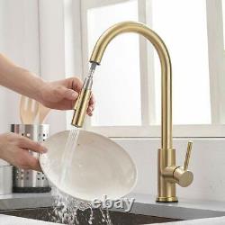 Brushed Gold Touchless Kitchen Faucets Pull Down Sprayer Stainless Steel Faucets