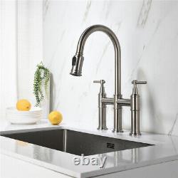 Brushed Kitchen Faucet Sink Dual Handle Pull Down Sprayer Swivel Mixer Tap