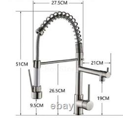 Brushed Kitchen Sink Faucet Pull Down Shower Swivel Water Mixer Tap Dual Spout