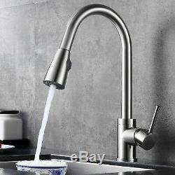 Brushed Nickel Kitchen Faucet Swivel Single Hole Sink Pull Down Spray Mixer Tap