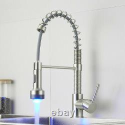 Brushed Nickel LED Kitchen Faucet Spray Spring Hose Deck Mounted Sink Mixer Tap