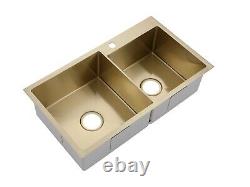 Burnished Brass Gold stainless steel Double bowl kitchen sink hand made tap hole