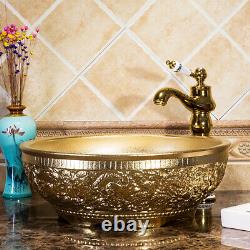 Carved Gold Ceramic Bathroom Basin Vessel Sink Mixer Faucet Tap Pop-up Drain Set