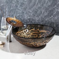 Carved Tempered Glass Basin Bowl Bathroom Sink Combo Mixer Faucet Tap Drain Set