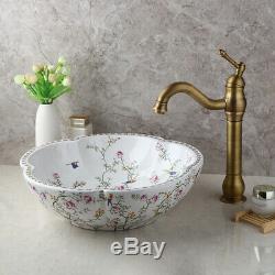 Ceramic Basin Bowl Vanity Vessel Sink Antique Brass Mixer Faucet Drain Combo Set