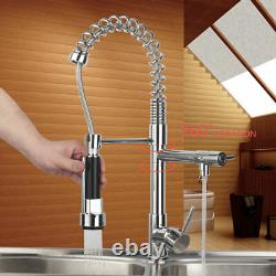 Chrome Dual Handles Kitchen Sink Swivel Mixer Faucet Pull Down Sprayer Basin Tap