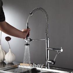 Chrome Kitchen Sink Faucet Pull Down Sprayer Swivel High Arc Mixer Tap WithPlate