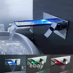 Chrome LED Color Bathroom Wall Mount Waterfall Brass Faucet Basin Sink Mixer Tap
