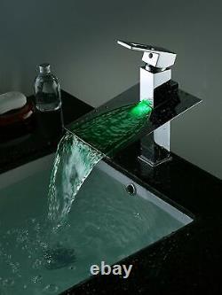 Chrome LED Waterfall Colors Changing Bathroom Basin Mixer Sink Faucet HDD723