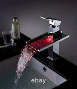 Chrome LED Waterfall Colors Changing Bathroom Basin Mixer Sink Faucet HDD725