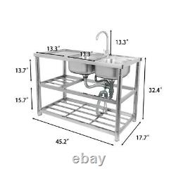 Commercial 304 Stainless Steel Sink Kitchen Handmade Wash Table 2 Bowls withTap
