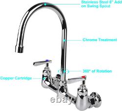 Commercial Kitchen Faucet 8 Inches Center Wall Mounted 360°Swivel Sink Mixer tap