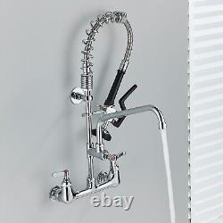 Commercial Wall Mount Kitchen Sink Faucet 8Center with Spring Pull Down Sprayer