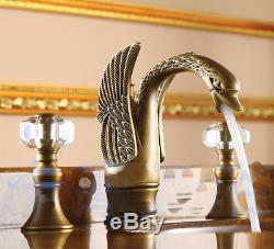 Crystal Handle Swan Style Antique Brass Basin Faucet Sink Hot Cold Washing Mixer