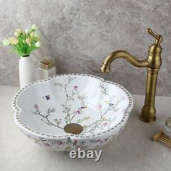 DK Ceramic Basin Bowl Vanity Vessel Sink Antique Brass Mixer Faucet Set