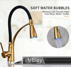 Deck Mounted LED Swivel Spout Kitchen Sink Faucet Pull Out Spray Mixer Tap Gold