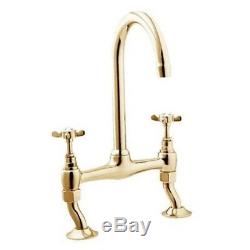 All Brass Kitchen Sink Tap Dual Lever Cross Handles Mono Gold  Bridge  Mixer Tap 