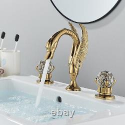 Double Crystal Knobs Basin Faucet Widespread 3 Holes Sink Mixer Tap Gold Finish