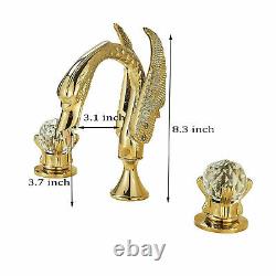 Double Crystal Knobs Basin Faucet Widespread 3 Holes Sink Mixer Tap Gold Finish