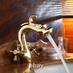 Dual Cross Handles Dragon-shape Gold Bathroom Basin Sink Faucet Mixer Brass Taps