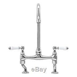 ENKI KT063 Bridge Kitchen Sink Mixer Tap Chrome Traditional White Lever BROMPTON