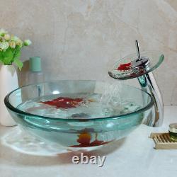 FA Art Goldfish Bathroom Clear Glass Vessel Sinks Basin Bowl Mixer Tap Drain Set