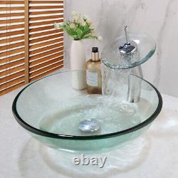 FA Bathroom Clear Green Glass Vessel Sinks Basin Bowls Mixer Faucet Drain Combo