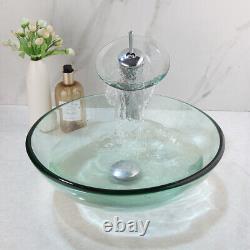 FA Bathroom Clear Green Glass Vessel Sinks Basin Bowls Mixer Faucet Drain Combo