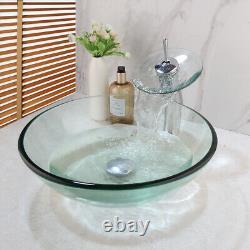 FA Bathroom Clear Green Glass Vessel Sinks Basin Bowls Mixer Faucet Drain Combo