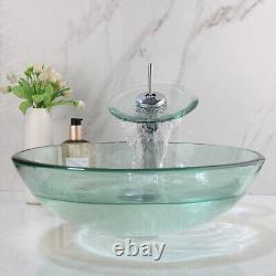 FA Bathroom Clear Green Glass Vessel Sinks Basin Bowls Mixer Faucet Drain Combo