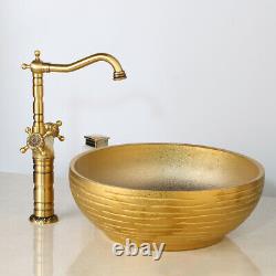 Gold Bathroom Ceramic Basin Bowl Combo Vessel Sink Brass Mixer Faucet Drain Set
