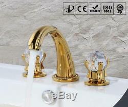 Gold Brass Widespread 3pcs Bathroom Sink Faucet Crystal Knobs Basin Mixer Tap
