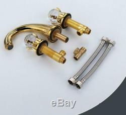 Gold Brass Widespread 3pcs Bathroom Sink Faucet Crystal Knobs Basin Mixer Tap