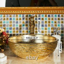 Gold Ceramic Bathroom Basin Vessel Sink Combo Mixer Faucet Tap Pop-up Drain Set