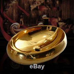 Gold Ceramic Bathroom Vessel Sink Oval Basin Bowl Mixer Faucet Tap+Pop-Up Drain