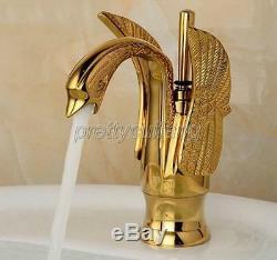 Gold Color Brass Swan Shape Bathroom Sink Faucet Lavatory Tub Mixer Tap Pgf009