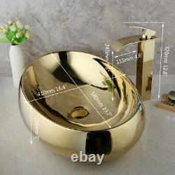 Gold Oval Ceramic Bathroom Wash Basin Vessel Sink Mixer Faucet Tap Pop Drain Set