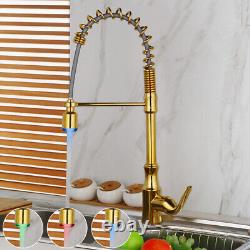 Gold Pull Down Spray Kitchen Sink Single Hole/Handle Mixer Faucet Brass Tap-LED