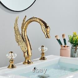 Gold Swan Bathroom Sink Faucet 3 Holes 2 Handle Widespread Basin Vanity Mixer