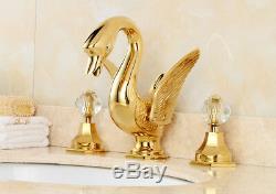 Golden Swan Basin Mixer Faucet Tap 3 Holes Dual Cystal Handles Bathroom Sink Tap