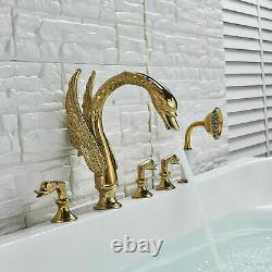 Golden Swan Shape Bathtub Faucet Deck Mounted 3 Handles Tub Tap WithHand Shower