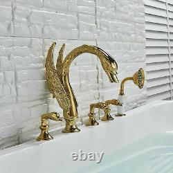 Golden Swan Shape Bathtub Faucet Deck Mounted 3 Handles Tub Tap WithHand Shower