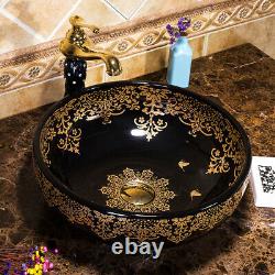 Handcraft Black Round Ceramic Bathroom Basin Vessel Sink Mixer Faucet Drain Set