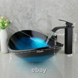 Handcraft Oval Glass Bathroom Basin Vessel Sink Black Mixer Faucet Tap Combo Set