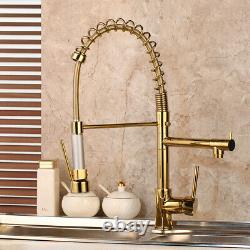 Kitchen Brass Faucet Sink Gold 2 Outlet Pull Down Swivel Taps Mixer Deck Mount