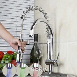 Kitchen Faucet Double Spouts LED Single Handle Chrome Brass Mixer Sink Taps