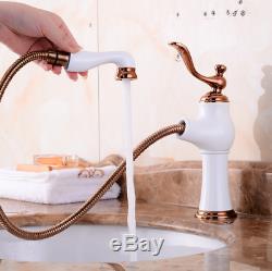 Kitchen Rose Gold+White Faucet Pull Out With Spray Bath Swivel Sink Mixer Water