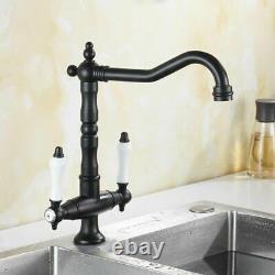 Kitchen Sink Faucet Dual Handle Deck Mounted Single Hole Hot Cold Water Mixer